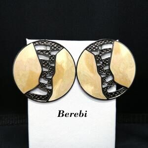 Edgar Berebi 1980s Guilloche Enamel Earrings Cream Beige Round Vintage Jewelry